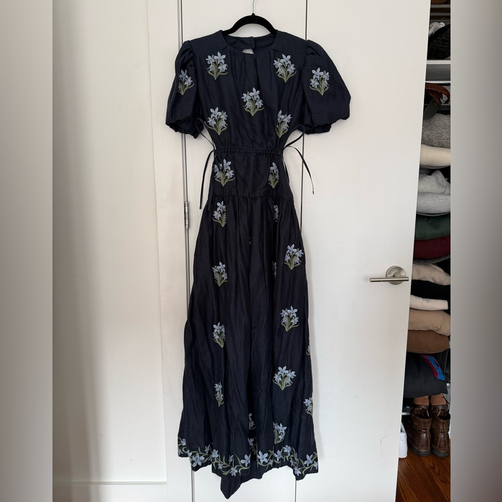 AGUA BY AGUA BENDITA Embroidered Samba Maxi Linen Dress in Navy